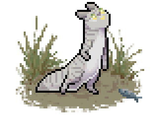 Pixel art of a thin slugcat with grey tabby fur & a pale grey stomach. There is a heart-shaped marking on its forehead.